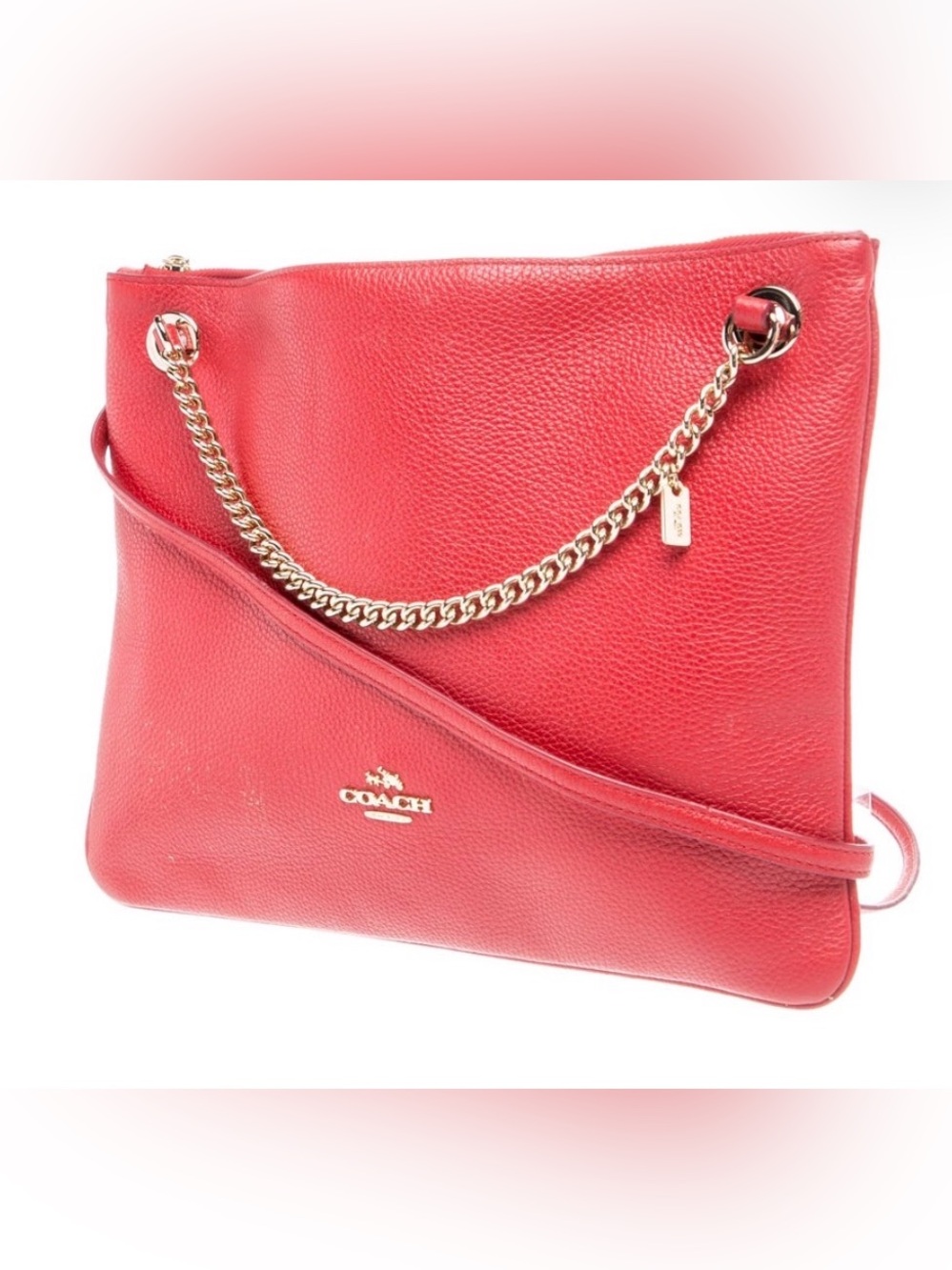 Coach Red Pebbled Leather Shoulder Bag with Gold Chain Strap - Picture 2 of 11